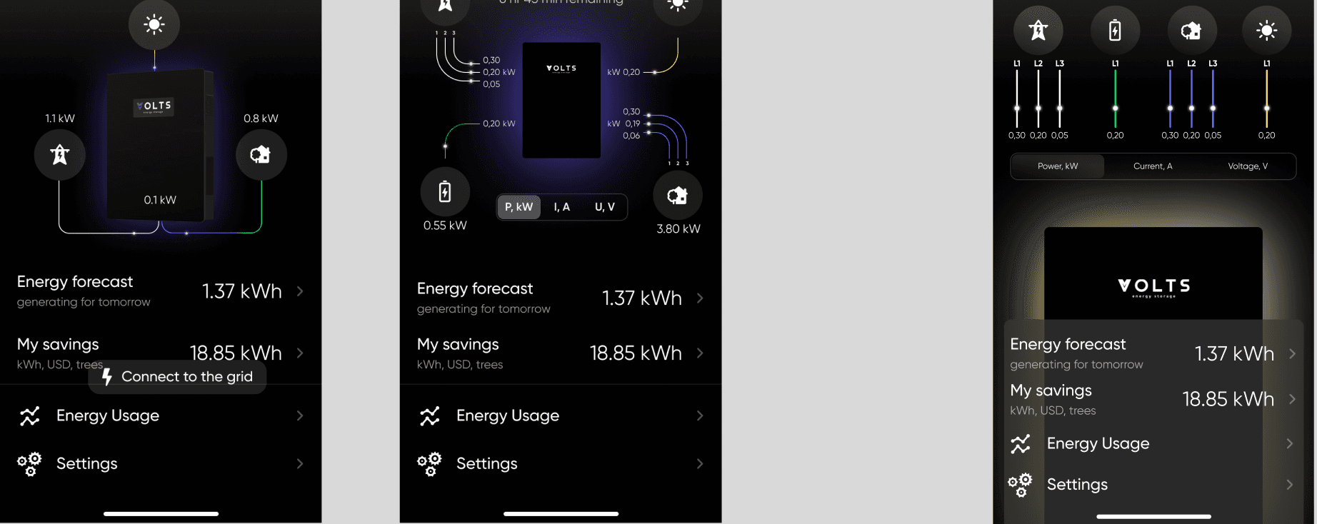 Главный экран приложения Volts: два экрана до редизайна и новый экран справа